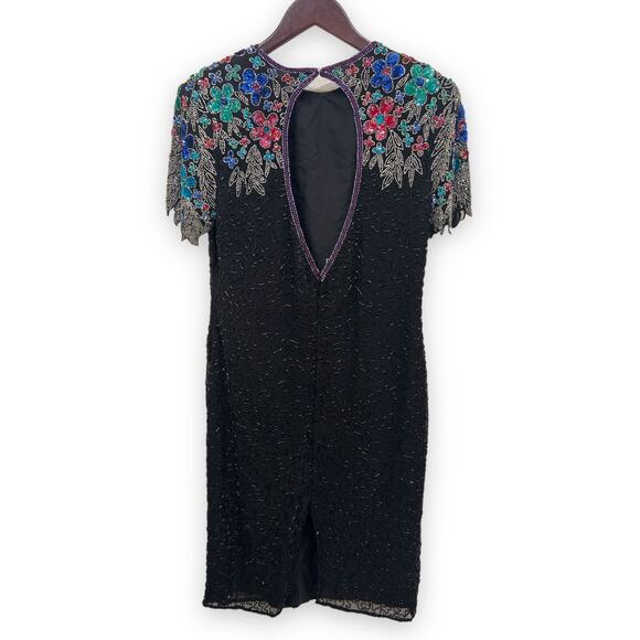 Vintage 80s Silk Embroidered Sequinned Cocktail Dress Size M - Picture 2 of 6